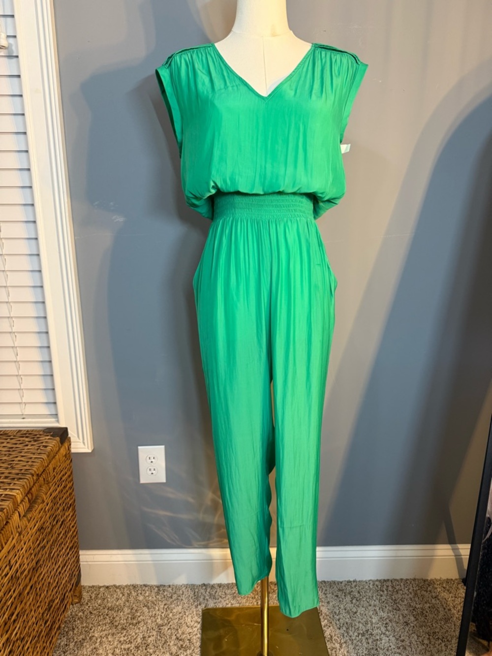 NWOT Ramy Brook Emerald Green V-Neck Smocked-Waist Jumpsuit - XS